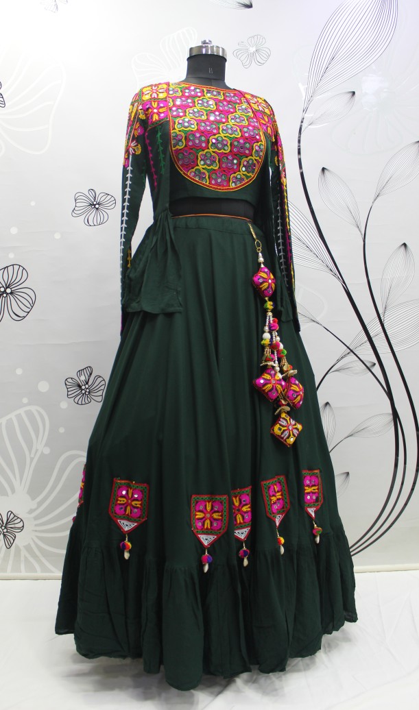 Green Koti Style Viscose Rayon Embroidered Designer Navratri Special Lehenga